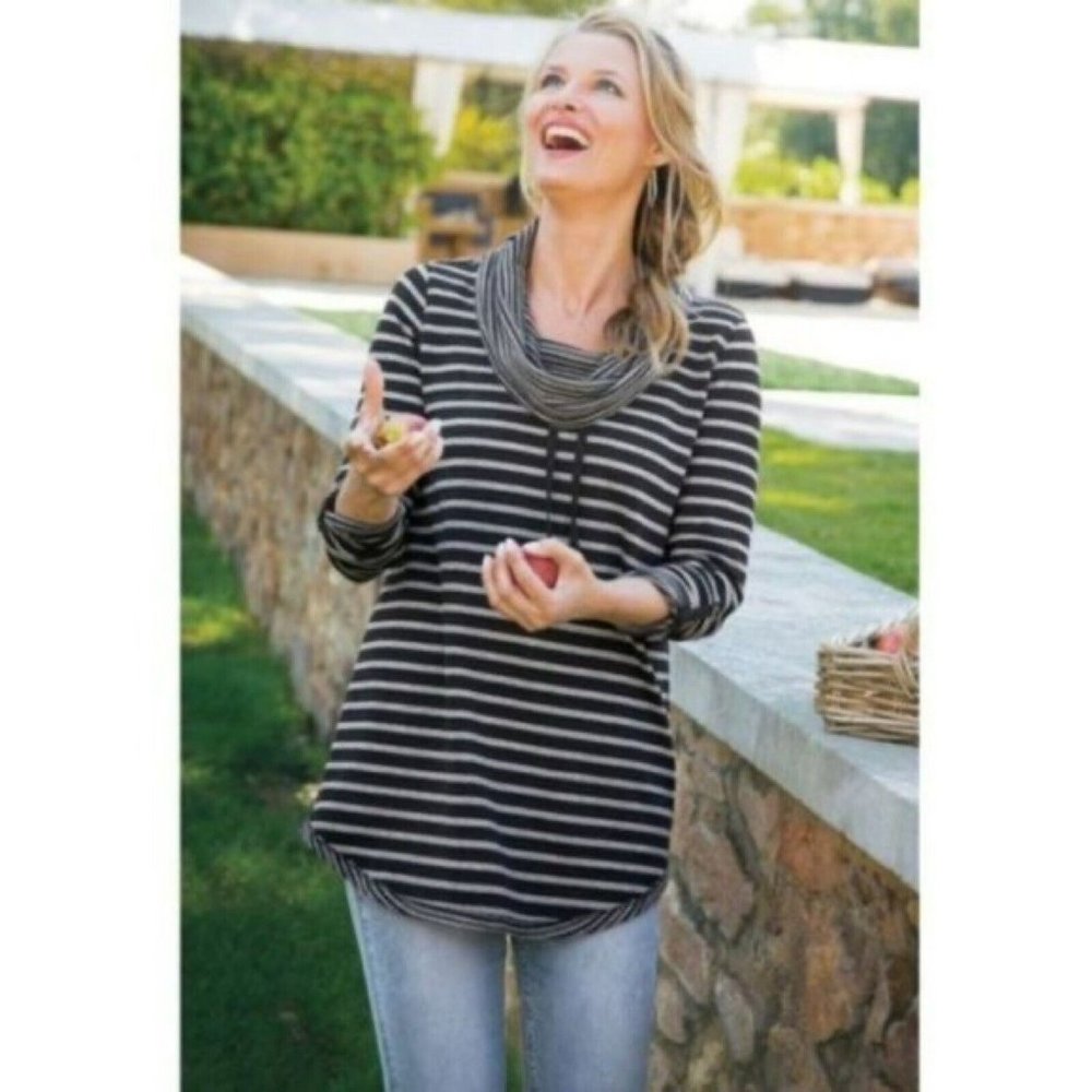 Soft Surroundings Sweater Size XS Casual Weekend Cowl Tunic Black‎ Grey